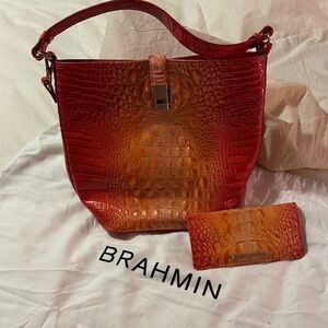 Brahmin Red and Orange Croc-Embossed Shoulder Bag and Wallet